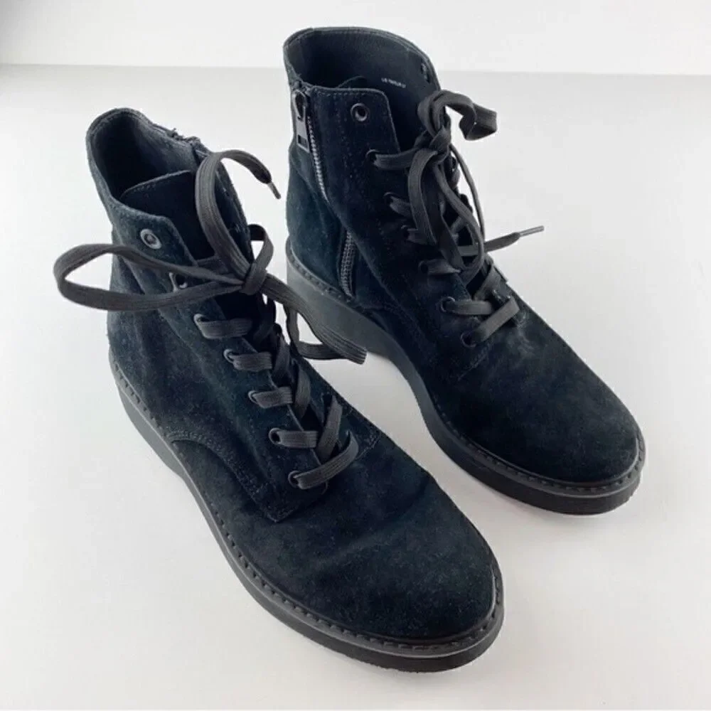 Vince Monastir Platform Lace Up Combat Boots Black Suede Size 7